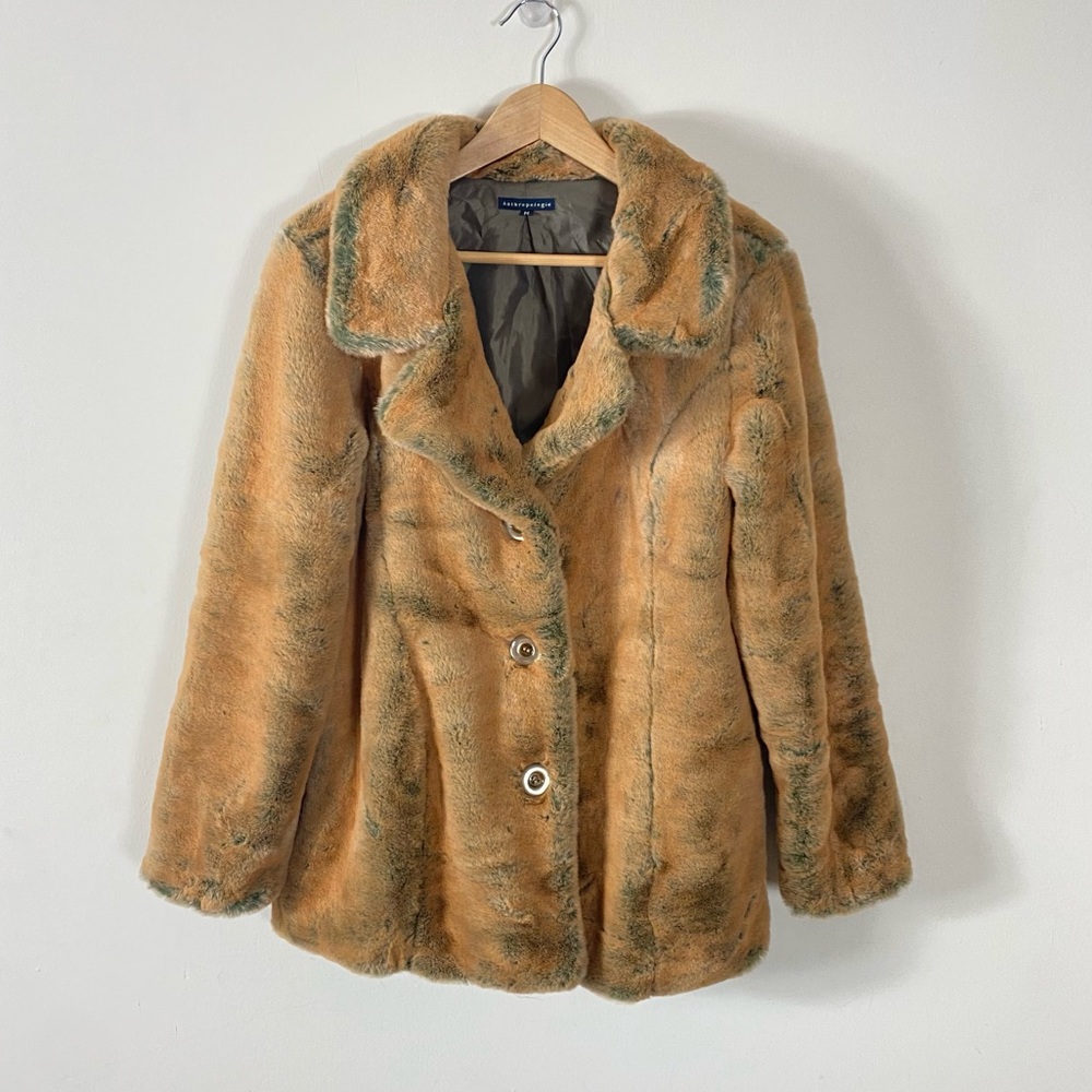 VINTAGE ANTHROPOLOGIE Oversized Faux Fur Coat Orange Brown with Gray hues - M - Picture 9 of 14